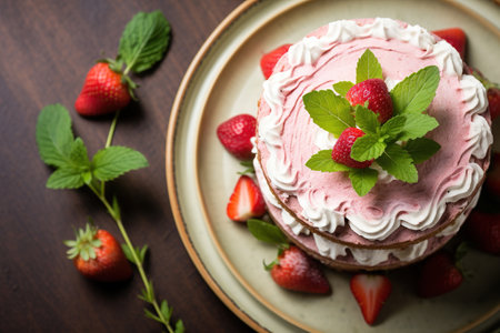 Strawberry cake with cream and mint on plate, closeupの素材