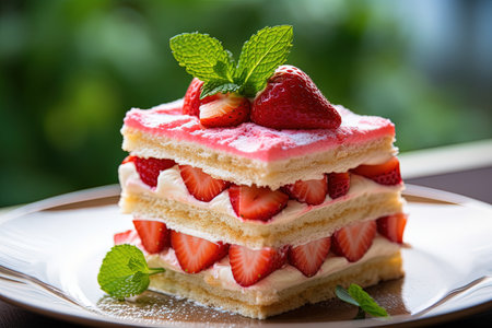 Delicious cake with strawberries and mint on a plate on a green backgroundの素材
