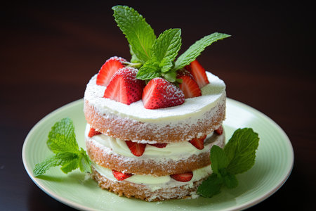 Strawberry cake with whipped cream and fresh strawberries on green plateの素材