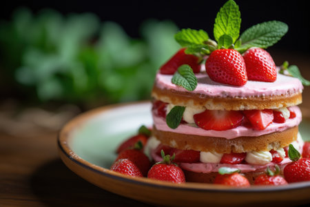 Strawberry cake with whipped cream and fresh strawberries, selective focusの素材