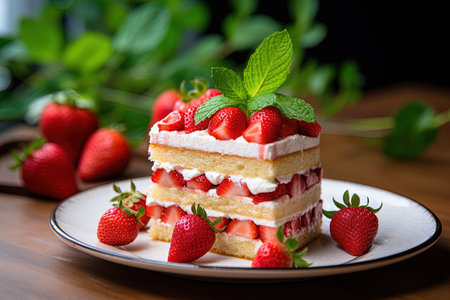 Strawberry cake with whipped cream and fresh strawberries on wooden tableの素材