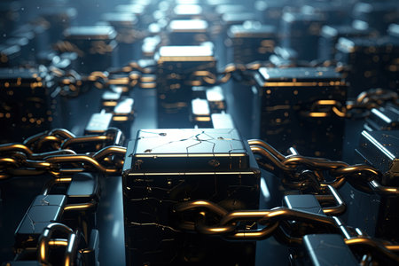 3d rendering of padlock and chain on a server room backgroundの素材