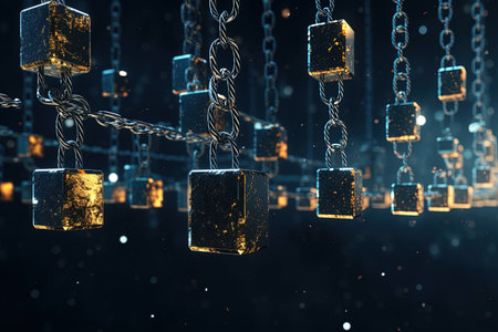 3d rendering of chain and padlock with golden cubes on black backgroundの素材