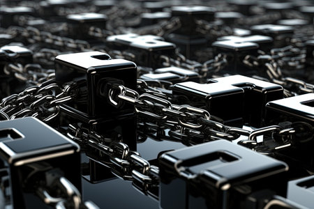 Close up of chain and padlock on black background. 3D renderingの素材