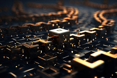 Abstract 3d rendering of golden cubes on black background. Technology concept.の素材