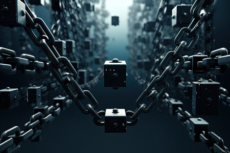 Digital composite of 3D padlock and chain against server room backgroundの素材