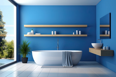 Blue bathroom interior with a bathtub and a mirror. 3d renderingの素材