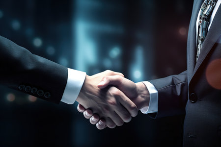 Close up of business people shaking hands on dark background. Partnership conceptの素材