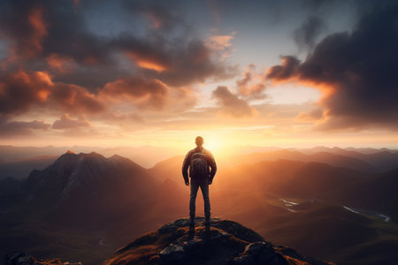 Man standing on the top of mountain and looking at the sunset.の素材