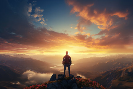 Man standing on the top of the mountain and looking at the sunriseの素材