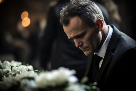 Portrait of a sad and depressed man looking at a bouquet of flowersの素材