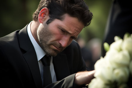 Portrait of a man with a wedding bouquet in his handの素材