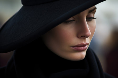 Portrait of a beautiful young woman in black coat and hat.の素材