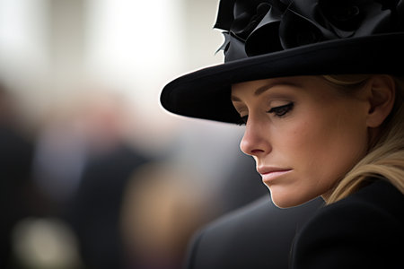 Close-up portrait of a beautiful blond woman wearing a black hatの素材