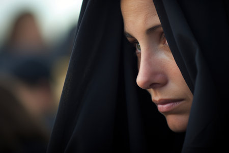 Close-up of a young woman in a black hijab looking awayの素材