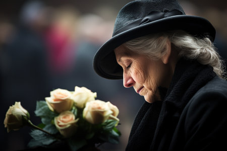 Elderly woman in hat and coat with bouquet of rosesの素材