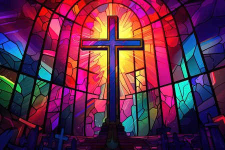 Colorful stained glass window with a cross in a church, illustrationの素材