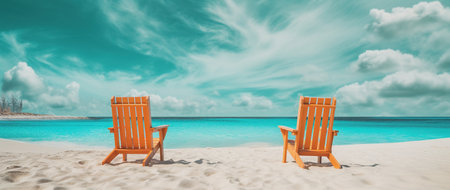 Two wooden deck chairs on a tropical beach with turquoise waterの素材