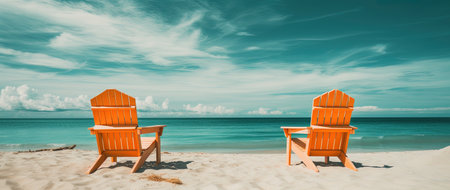 Two deck chairs on the tropical beach. Panoramic image.の素材