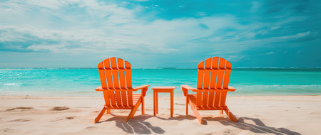 Beach chairs on the tropical beach with turquoise ocean waterの素材