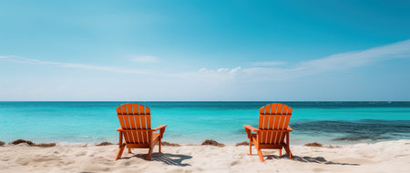 Beach chairs on tropical sand beach with turquoise ocean waterの素材