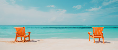 beach chair on tropical sand beach with turquoise sea backgroundの素材