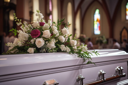 closeup of a colorful casket in a hearse or chapel before funeral or burial at cemeteryの素材