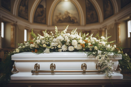 closeup shot of a colorful casket in a hearse or chapelの素材