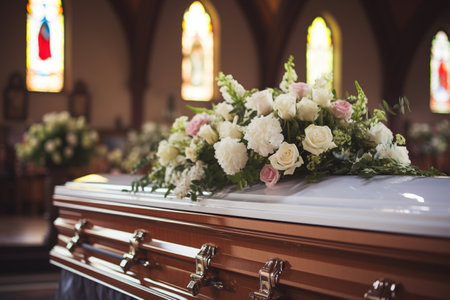 closeup shot of a colorful casket in a hearse or chapel before funeral or burial at cemeteryの素材