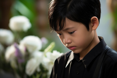 Cute asian boy looking at flowers in the flower shop.の素材