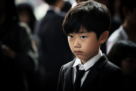 Japanese school boy in school uniform looking at camera, shallow DOFの素材