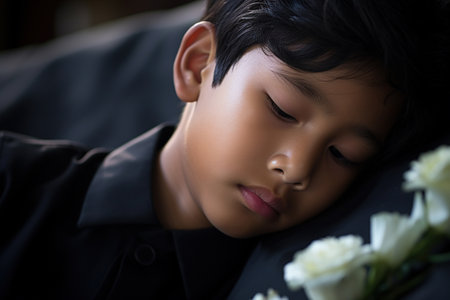 Little boy sleeping on the sofa with a bouquet of white flowersの素材