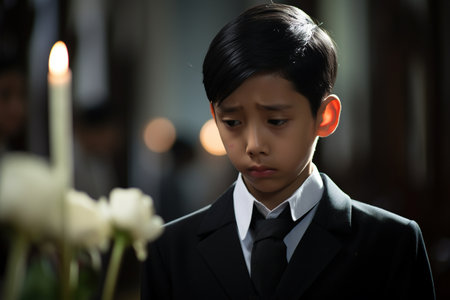 Asian boy in black suit praying at the church with candles in the backgroundの素材