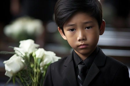 Little asian boy in suit with a bouquet of white rosesの素材