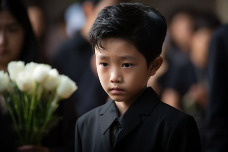 Cute little Asian boy in black suit looking at camera with white flowers in the background.の素材