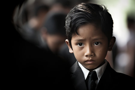 Little boy in black suit and face mask looking at the camera.の素材