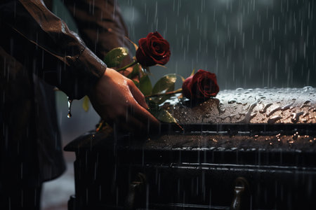 Man holding a red rose and pouring water on a grave in the rainの素材