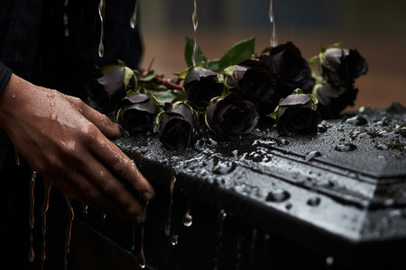 Hands of a man pouring water on a black grave at a cemeteryの素材