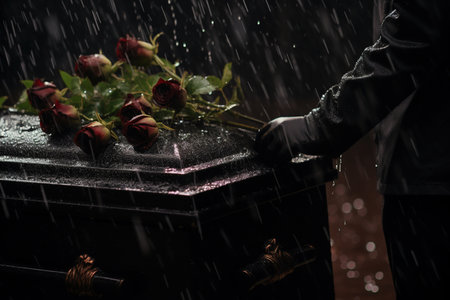 A man's hand is pouring water on a grave with red rosesの素材