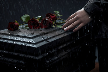 Woman's hand reaching for a red rose in a grave under rainの素材