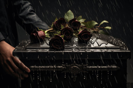 Black coffin with red roses on a dark background with rain drops.の素材