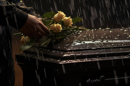 closeup shot of a funeral casket in a cemetery under the rainの素材