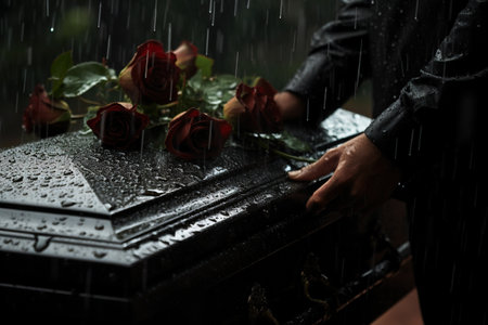 Closeup of a woman's hand holding a rose on a tombstone under the rainの素材