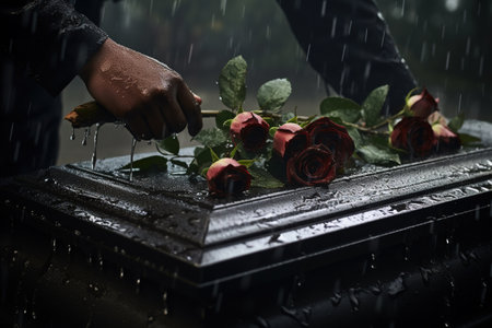 Close-up image of a man's hand pouring water on a graveの素材