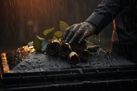 Hands of a man in black gloves holding a bouquet of red roses on a grave in the rainの素材