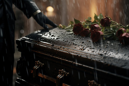 closeup shot of a casket in a funeral or burial siteの素材