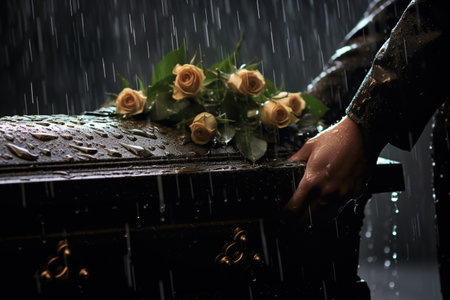 closeup of a young casket with flowers in a cemetery under a rain stormの素材