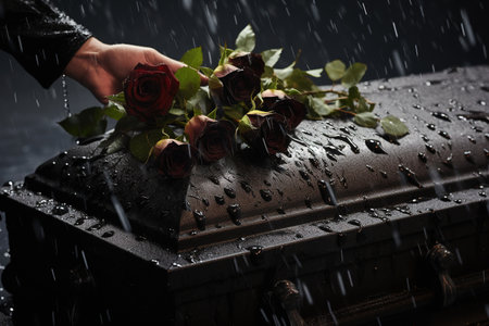 Black coffin with roses and rain drops on dark background, closeupの素材