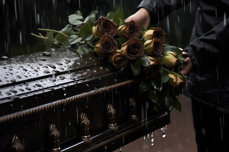 closeup shot of a woman in funeral casket at cemetery under rainの素材