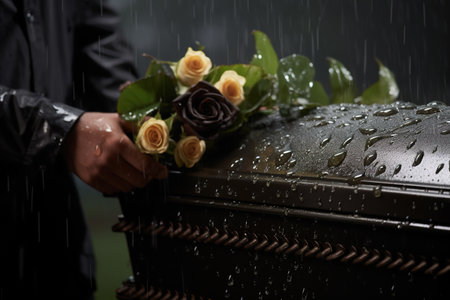 closeup of a casket with flowers in a cemetery under rainの素材